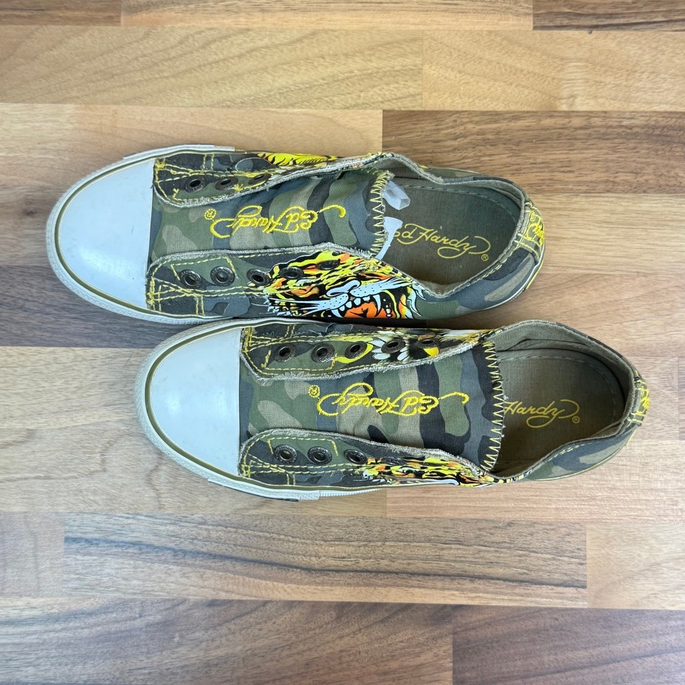 Ed Hardy Kids Camo Tiger Eagle Slip On Sneakers Green Canvas Shoes Size 4